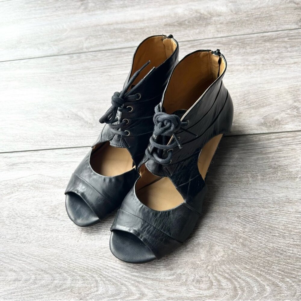 Arnold Churgin Handmade Black Leather Cutout Lace Up Open Toe Bootie